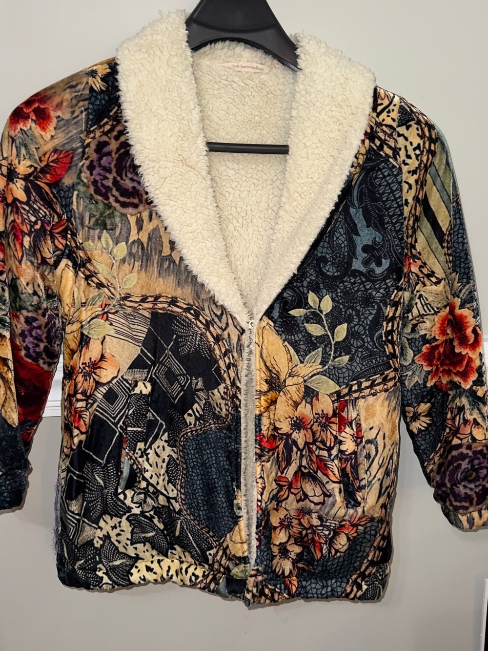 Floral Patchwork Teddy Jacket with Cream Sherpa Collar - Picture 3 of 13
